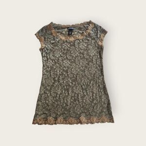 Vintage Y2k early 2000s Moda International green sheer lace baby tee